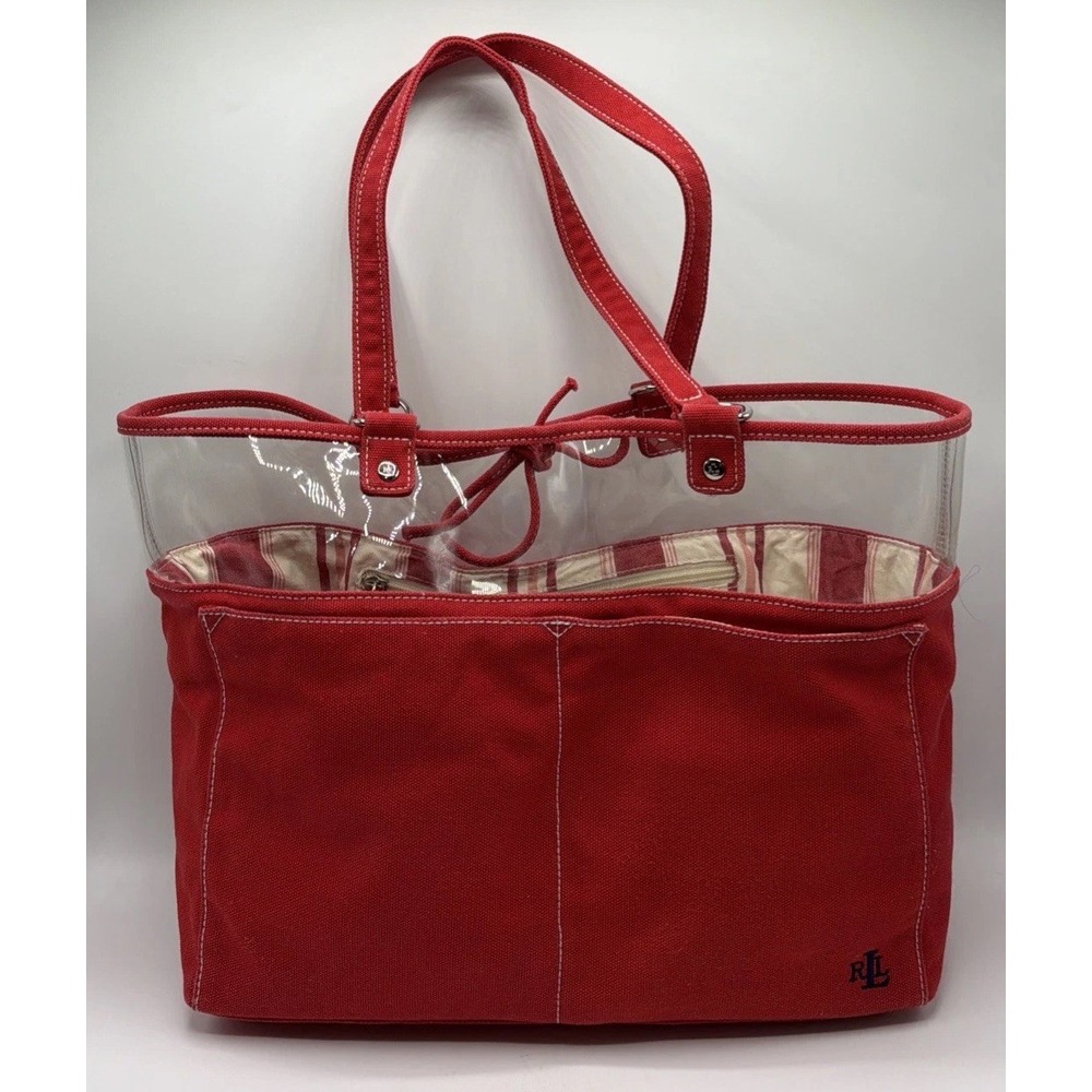 Vintage Ralph Lauren Open Top Tote. Red/White/& Clear Bag w/Navy Monogram Logo.